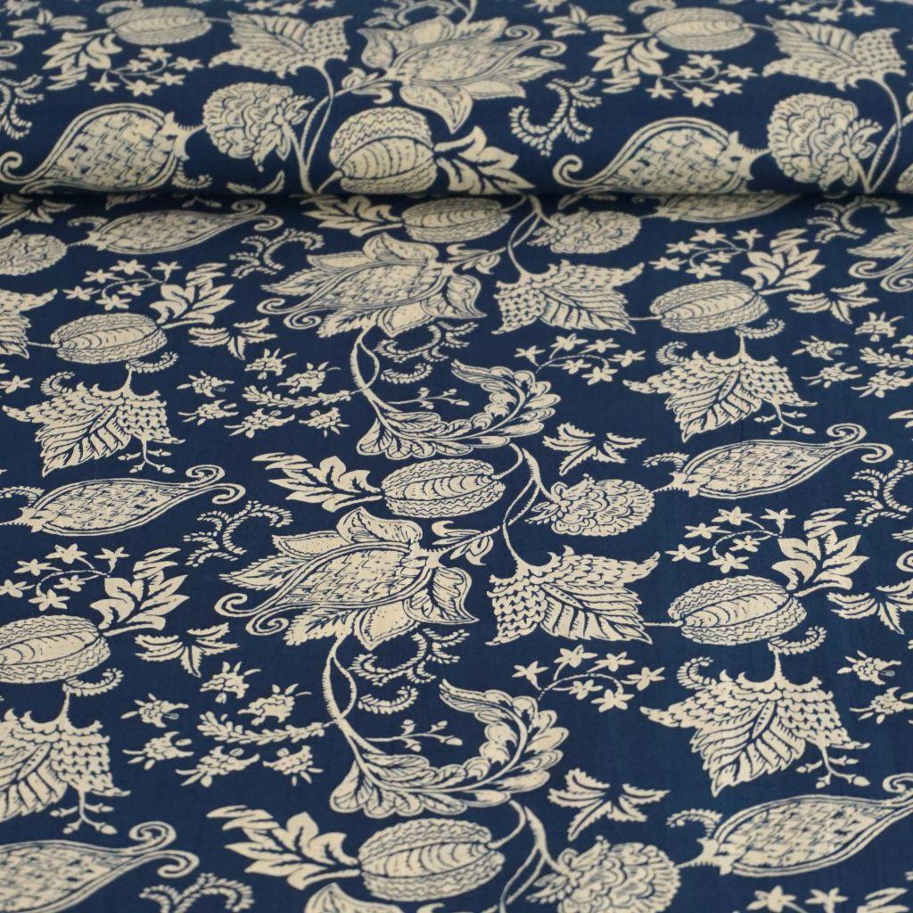 Voile leichte Baumwolle Blüten Ranken dunkelblau beige